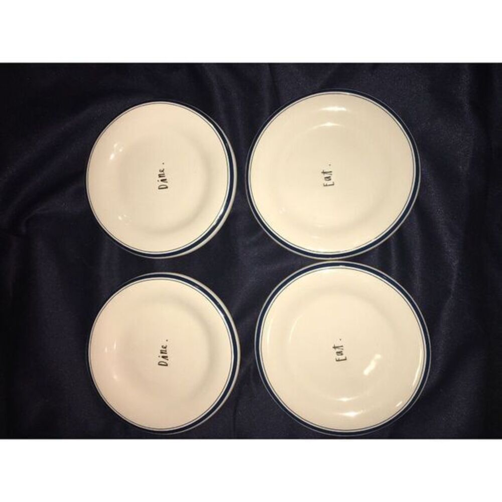 Rae Dunn "Blue Line" Dessert/Snack Plate Set Of 8 Savor Eat Dine Snack - Picture 5 of 7